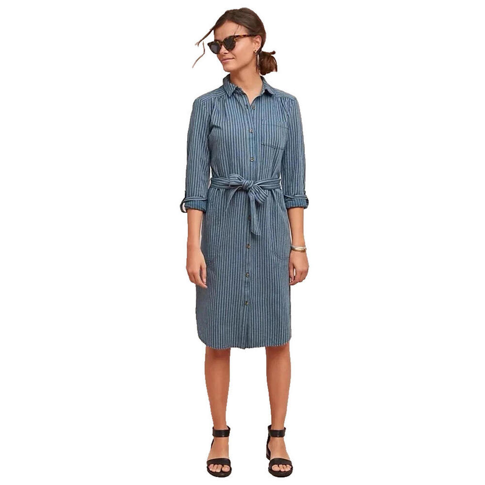 Anthropologie Bellamy Womens 8 Striped Roll Tab Sleeves Midi Shirtdress Belted